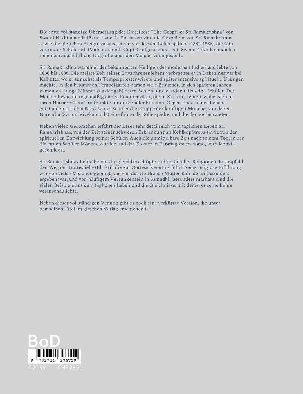 Rückseite: 9783754396759 | Die Botschaft Sri Ramakrishnas 1 | nach den Aufzeichnungen von M.