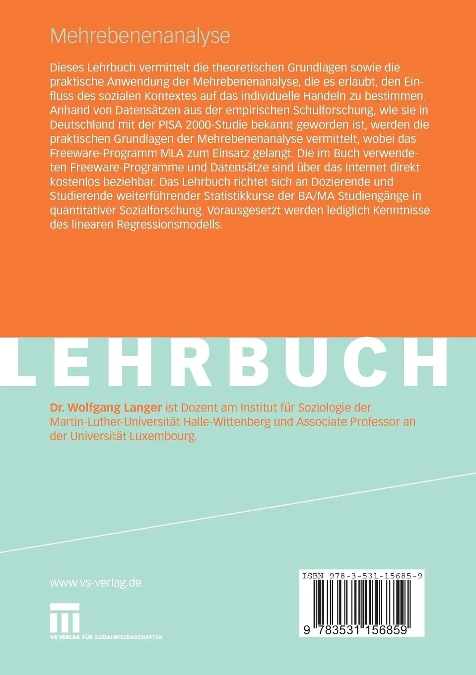 Rückseite: 9783531156859 | Mehrebenenanalyse | Eine Einführung für Forschung und Praxis | Langer