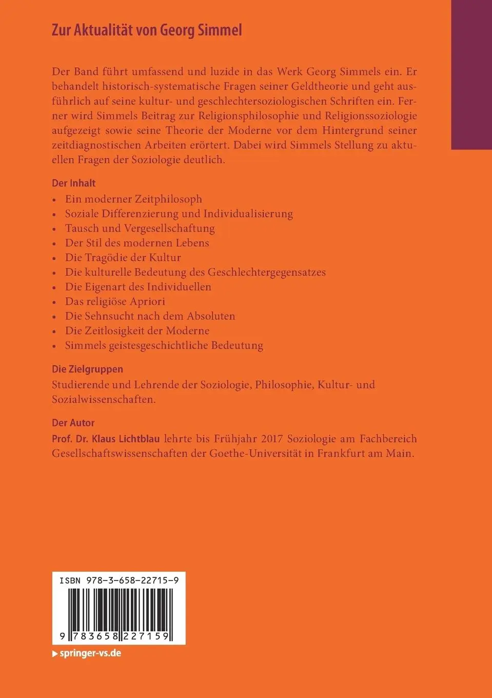 Rückseite: 9783658227159 | Zur Aktualität von Georg Simmel | Einführung in sein Werk | Lichtblau