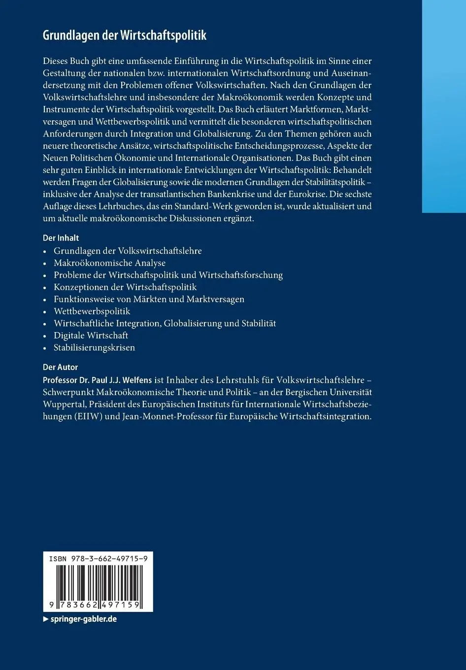 Rückseite: 9783662497159 | Grundlagen der Wirtschaftspolitik | Paul J. J. Welfens | Taschenbuch