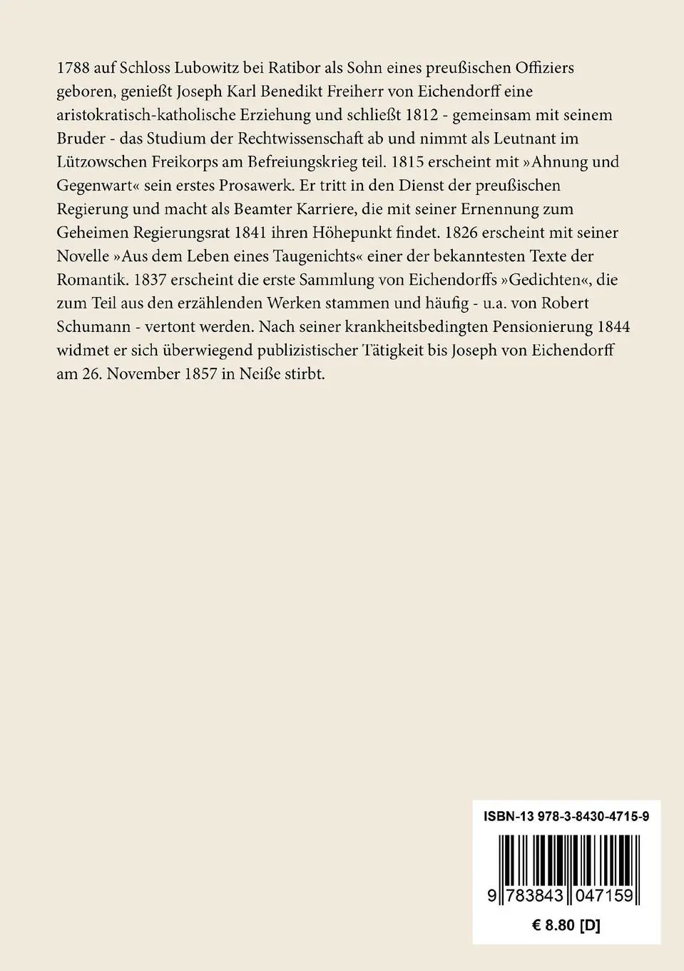 Rückseite: 9783843047159 | Aus dem Leben eines Taugenichts | Joseph Von Eichendorff | Taschenbuch