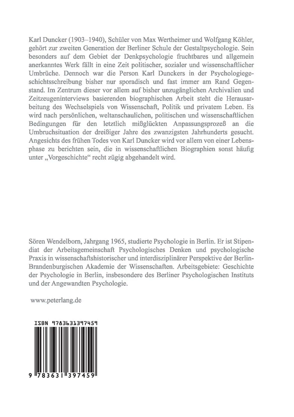 Rückseite: 9783631397459 | Der Gestaltpsychologe Karl Duncker | Sören Wendelborn | Taschenbuch