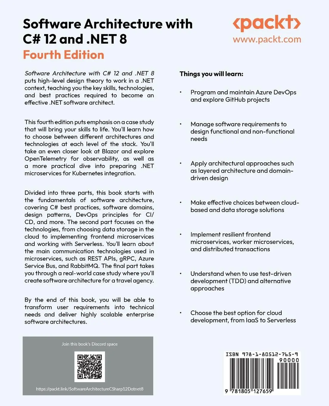 Rückseite: 9781805127659 | Software Architecture with C# 12 and .NET 8 - Fourth Edition | Buch Rückseite: 9781805127659 | Software Architecture with C# 12 and .NET 8 - Fourth Edition | Buch