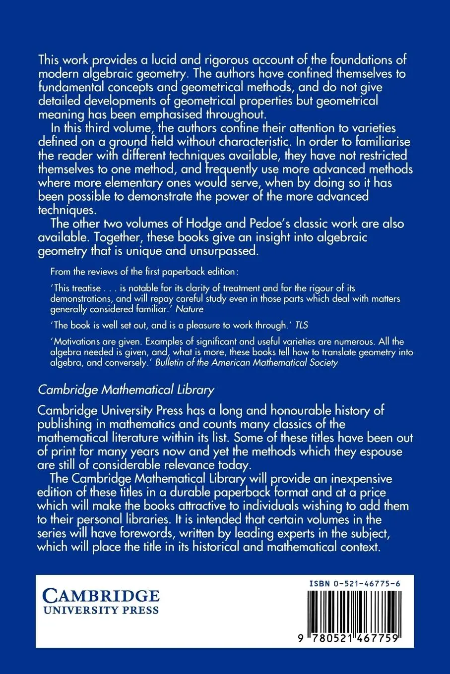 Rückseite: 9780521467759 | Methods of Algebraic Geometry | Volume 3 | W. V. D. Hodge (u. a.)