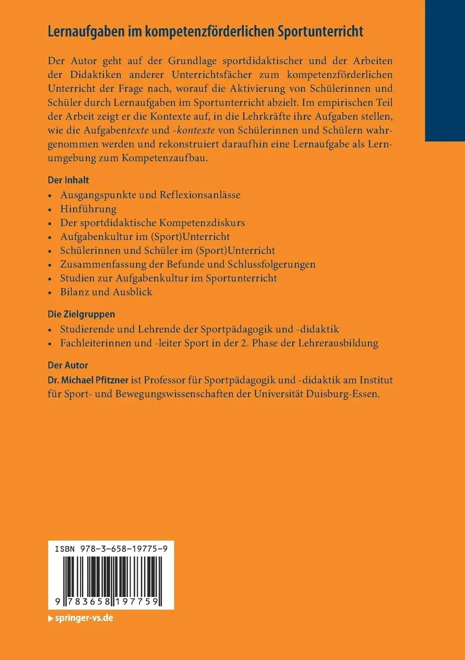 Rückseite: 9783658197759 | Lernaufgaben im kompetenzförderlichen Sportunterricht | Pfitzner | xxi