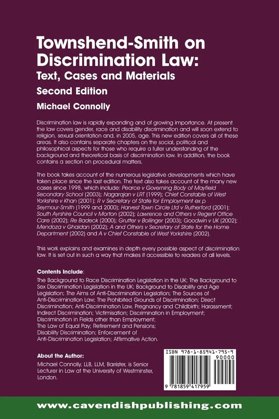 Rückseite: 9781859417959 | Townshend-Smith on Discrimination Law | Text, Cases and Materials