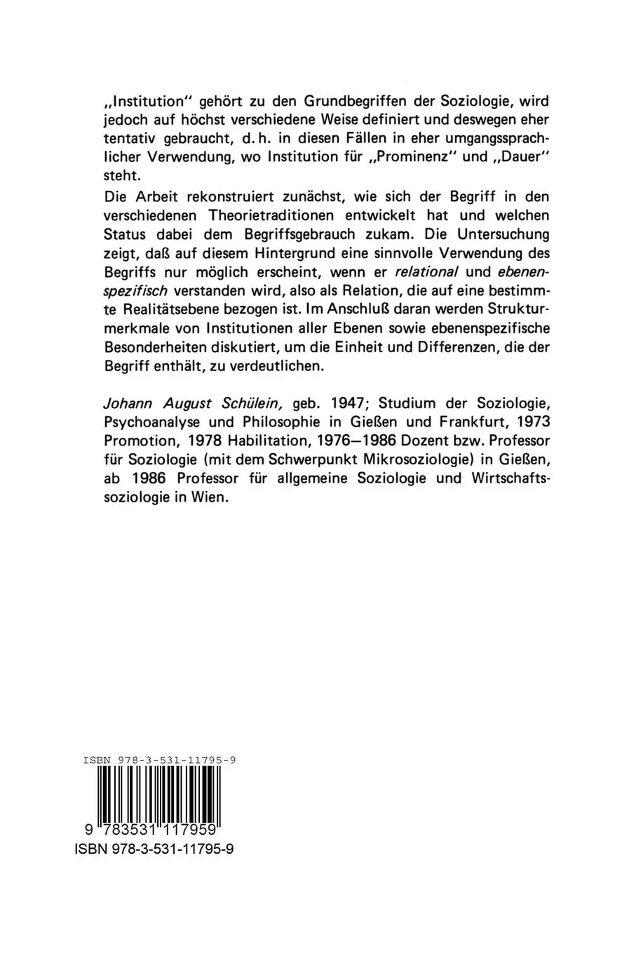 Rückseite: 9783531117959 | Theorie der Institution | Johann A. Schülein | Taschenbuch | 261 S.