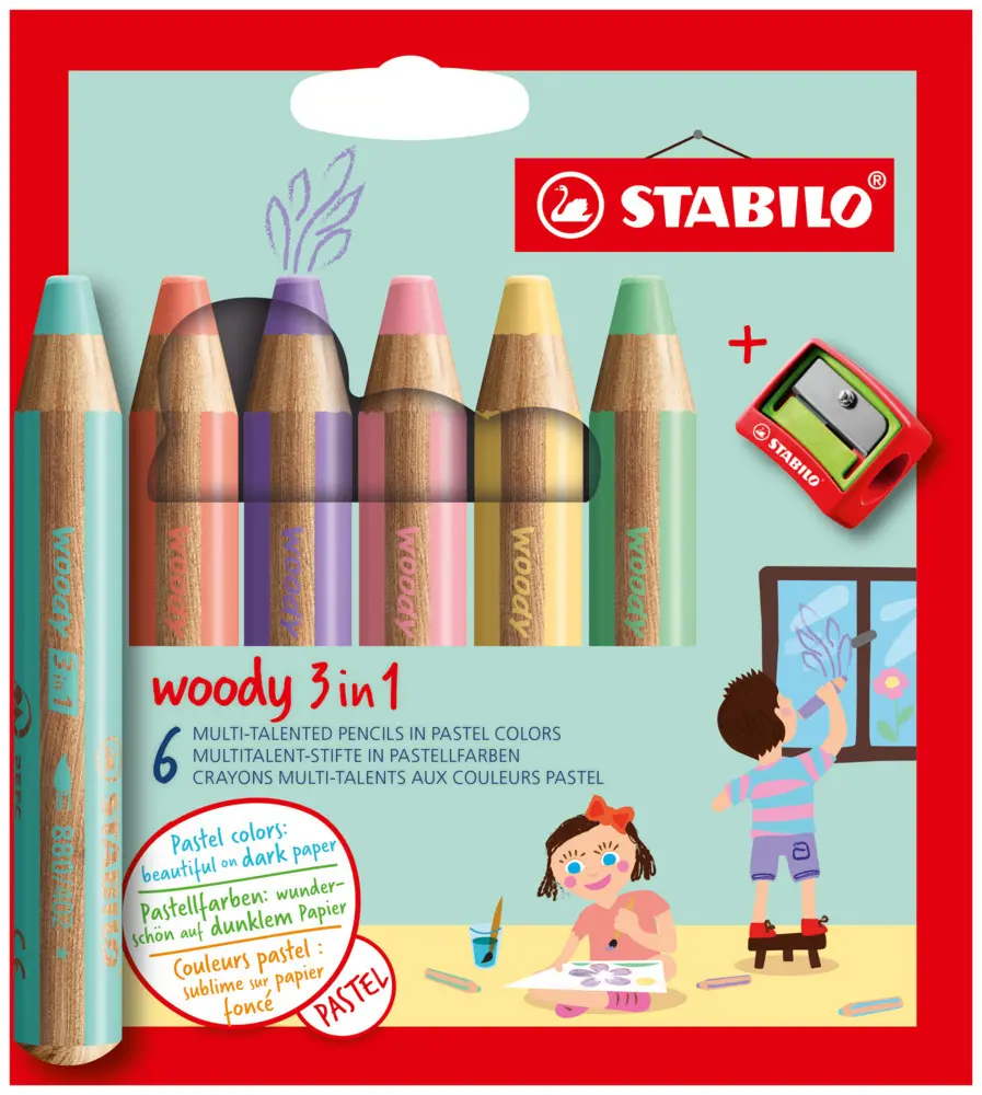 Cover: 4006381578059 | STABILO woody 3 in 1 6er Etui mit Spitzer Pastellfarben | In Karton