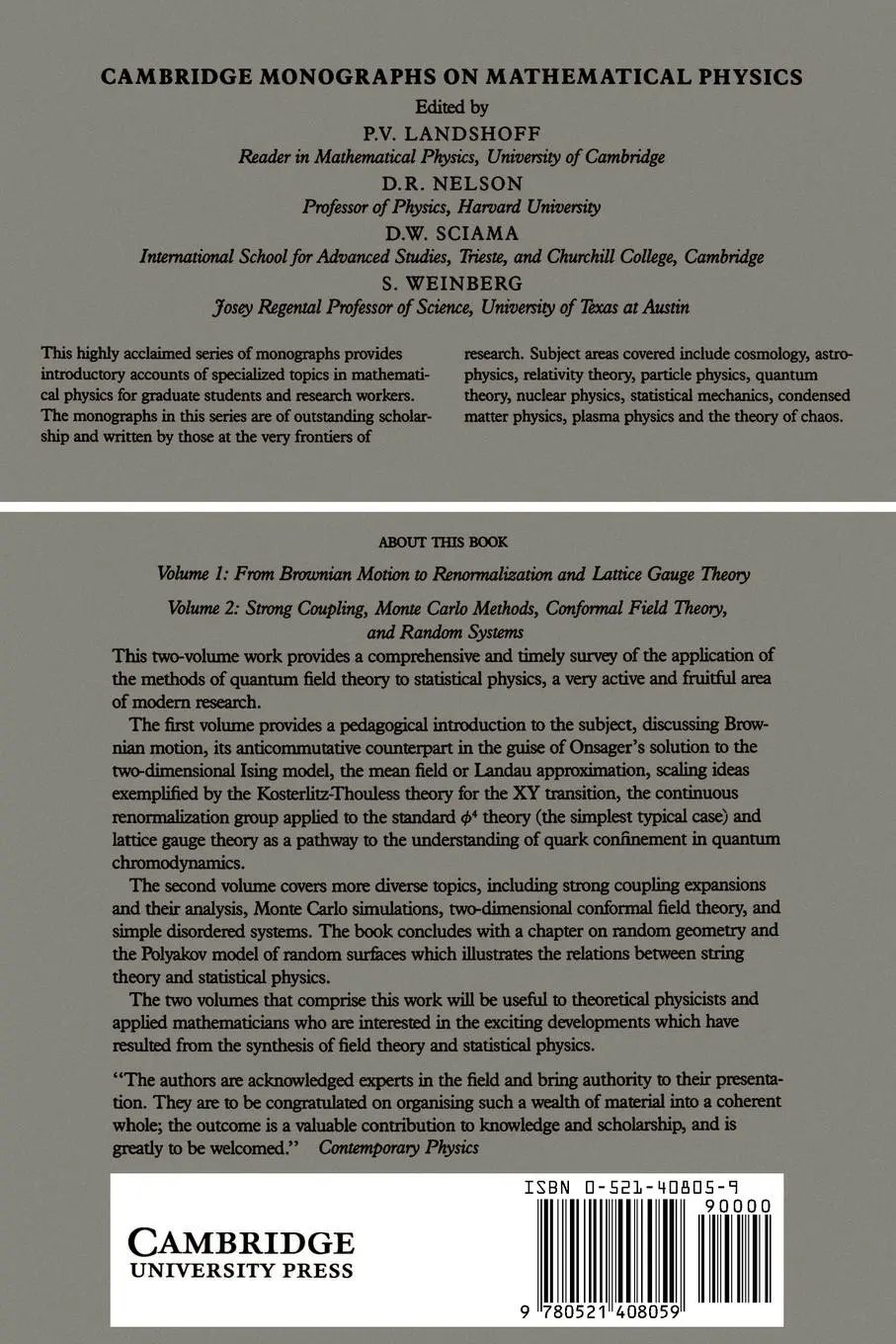 Rückseite: 9780521408059 | Statistical Field Theory | Claude Itzykson (u. a.) | Taschenbuch