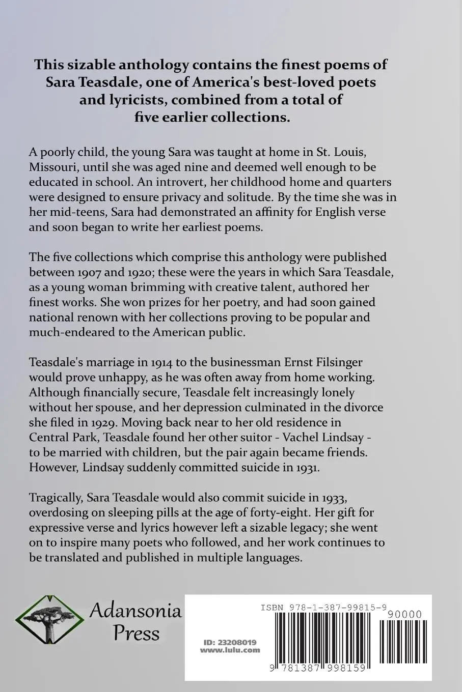 Rückseite: 9781387998159 | The Collected Poems of Sara Teasdale | Sara Teasdale | Taschenbuch