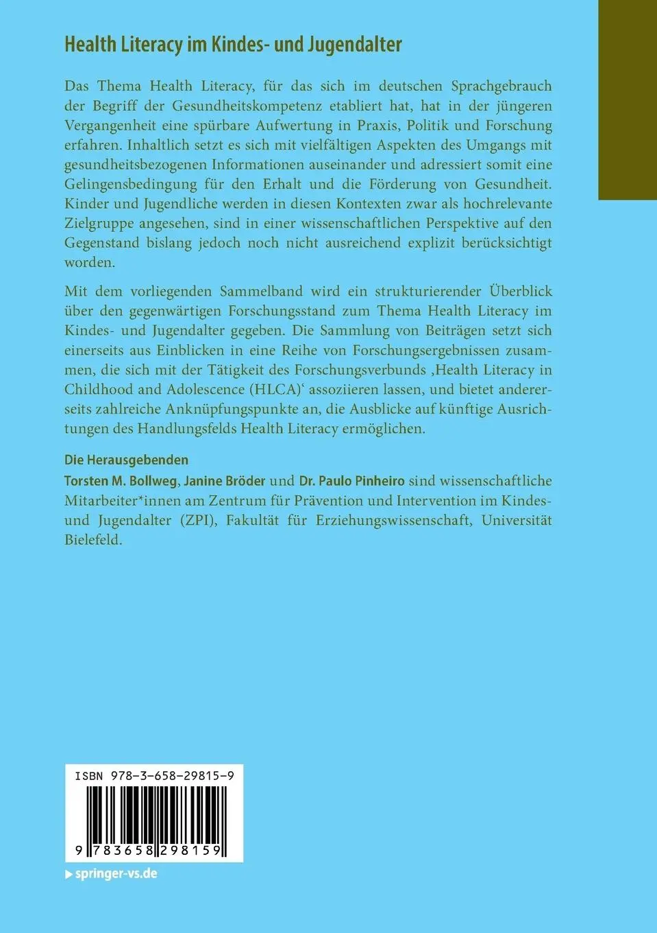 Rückseite: 9783658298159 | Health Literacy im Kindes- und Jugendalter | Ein- und Ausblicke | Buch
