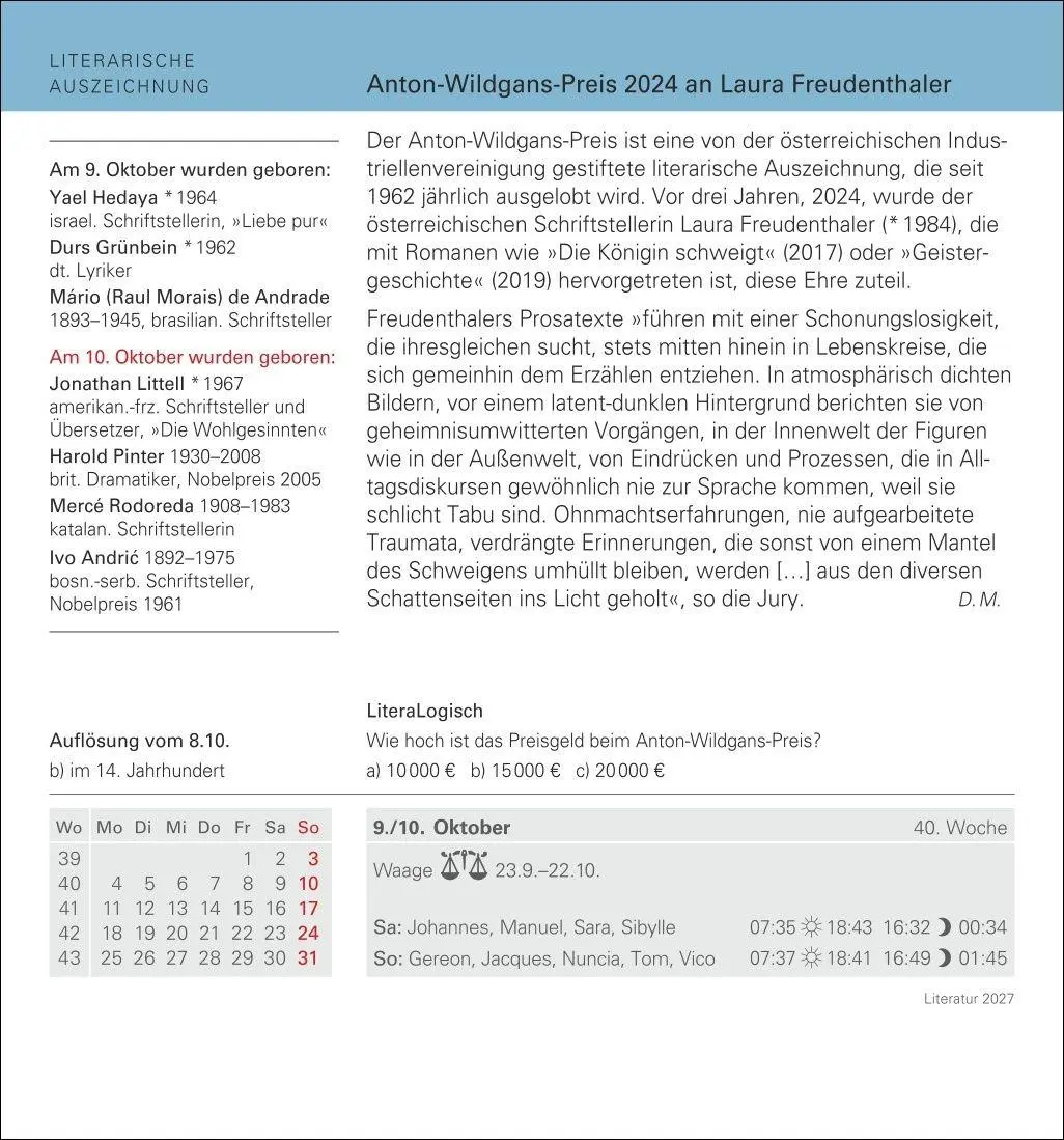 Bild: 9783840038259 | Literatur Tagesabreißkalender 2027 - Kulturkalender - Autoren,...