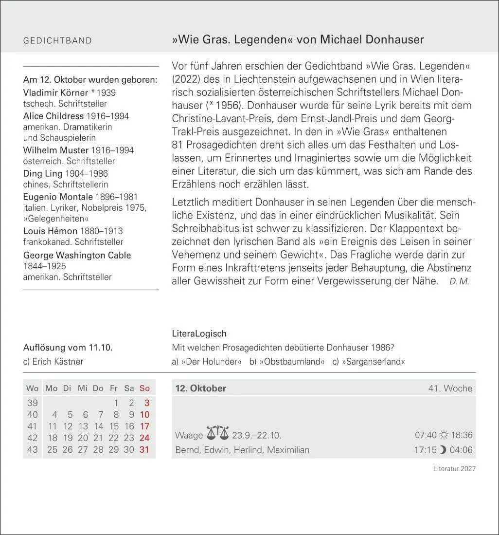 Bild: 9783840038259 | Literatur Tagesabreißkalender 2027 - Kulturkalender - Autoren,...