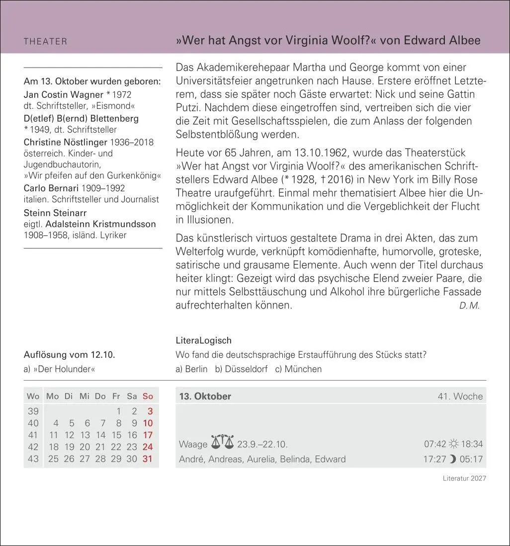 Bild: 9783840038259 | Literatur Tagesabreißkalender 2027 - Kulturkalender - Autoren,...