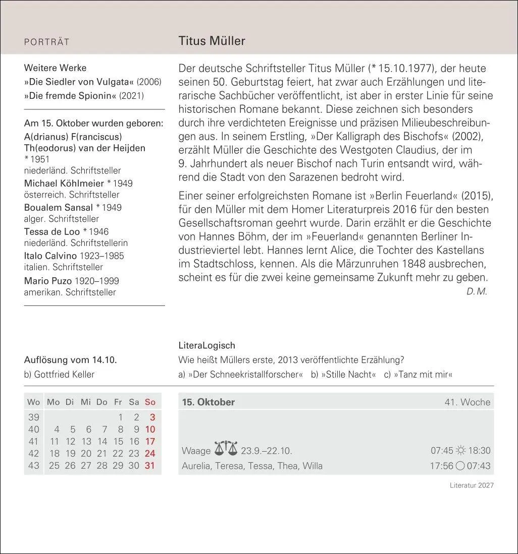 Bild: 9783840038259 | Literatur Tagesabreißkalender 2027 - Kulturkalender - Autoren,...
