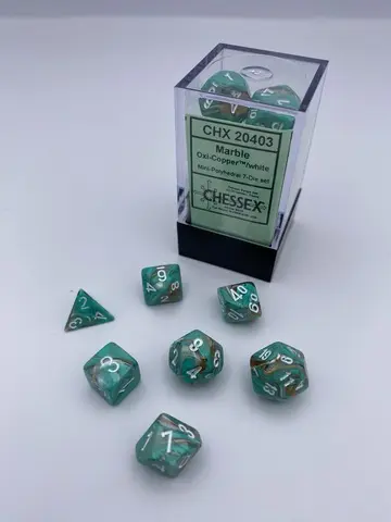 Cover: 601982038359 | Marble Mini-Polyhedral Oxi-Copper™/white 7-Die Set | Chessex