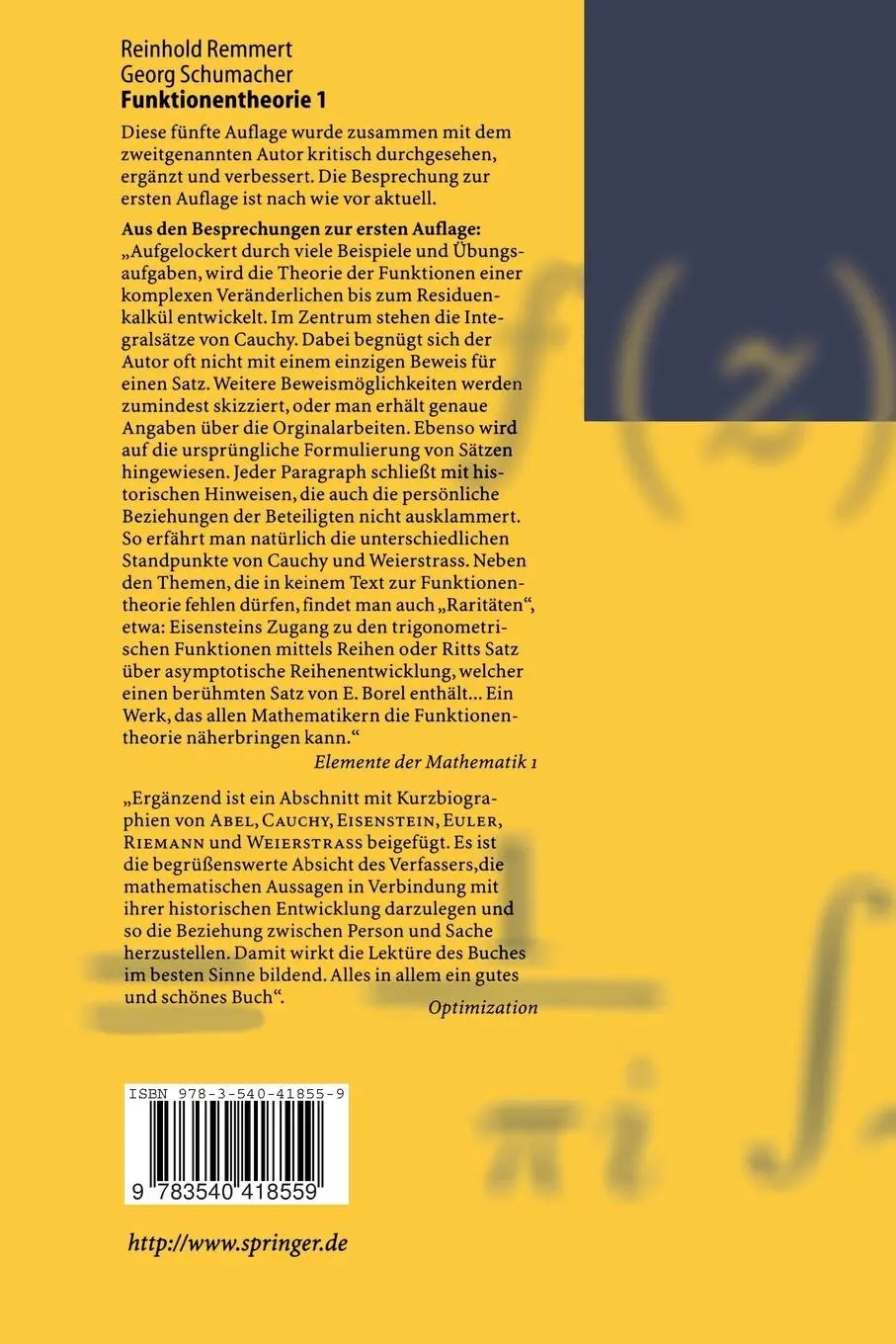 Rückseite: 9783540418559 | Funktionentheorie 1 | Georg Schumacher (u. a.) | Taschenbuch | xx