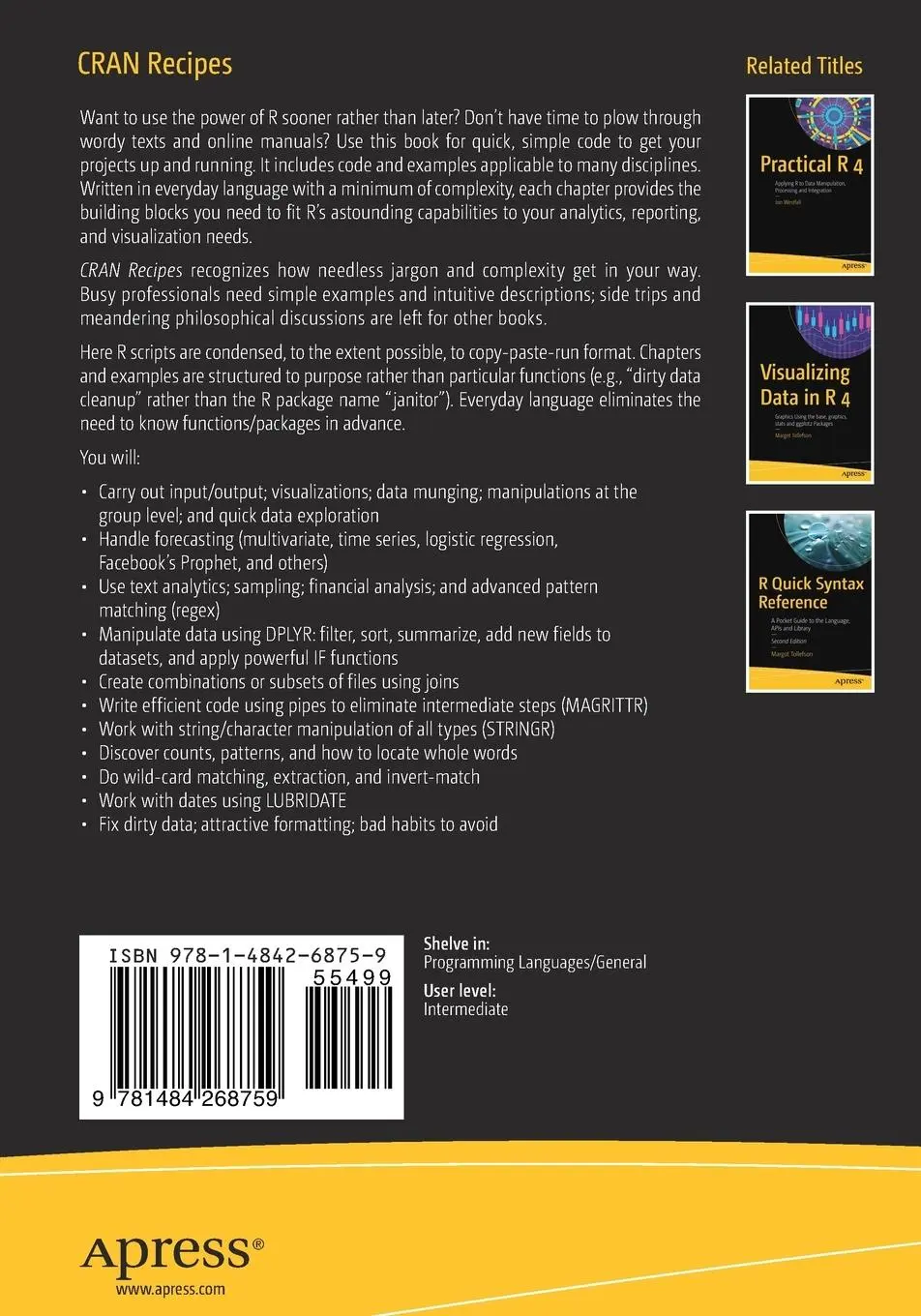 Rückseite: 9781484268759 | Cran Recipes | Dplyr, Stringr, Lubridate, and Regex in R | Yarberry