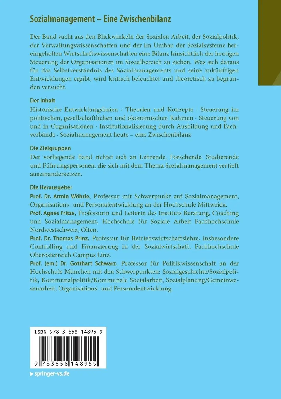 Rückseite: 9783658148959 | Sozialmanagement - Eine Zwischenbilanz | Armin Wöhrle (u. a.) | Buch