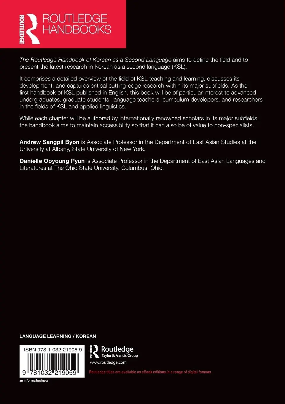 Rückseite: 9781032219059 | The Routledge Handbook of Korean as a Second Language | Byon (u. a.)