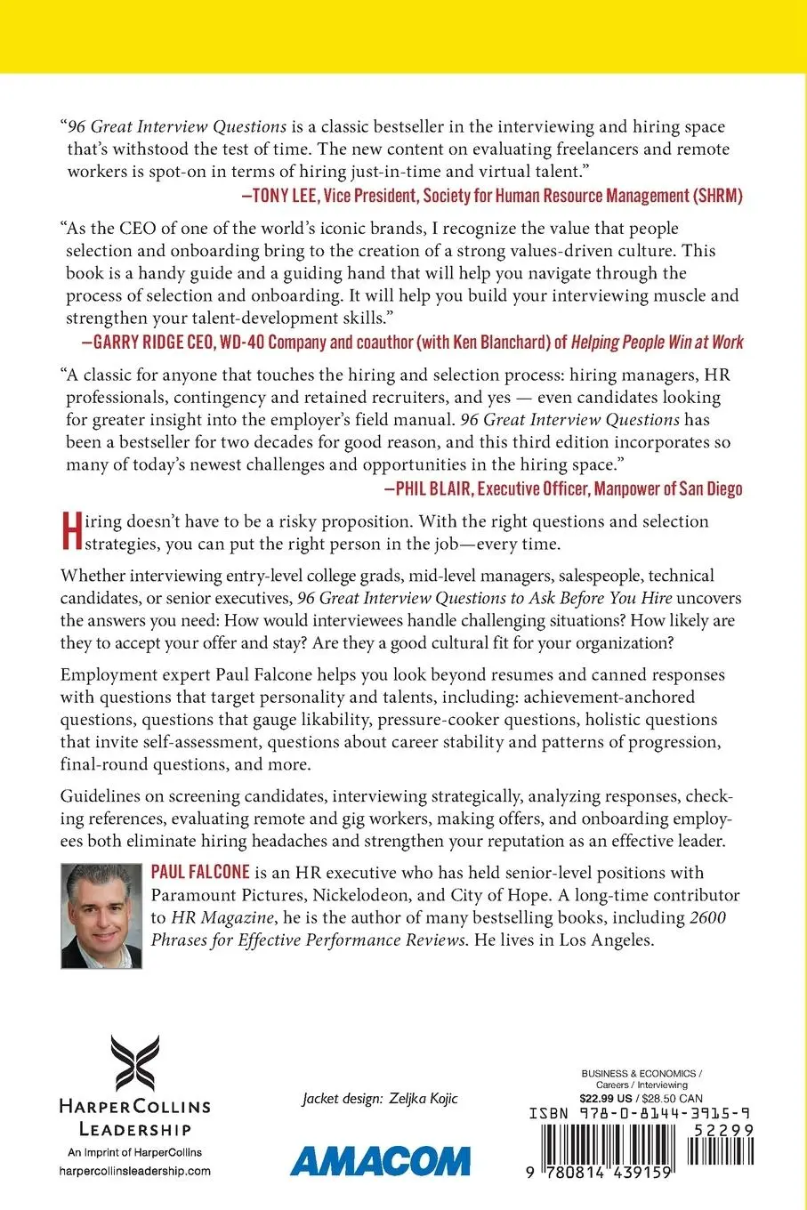 Rückseite: 9780814439159 | 96 Great Interview Questions to Ask Before You Hire | Paul Falcone