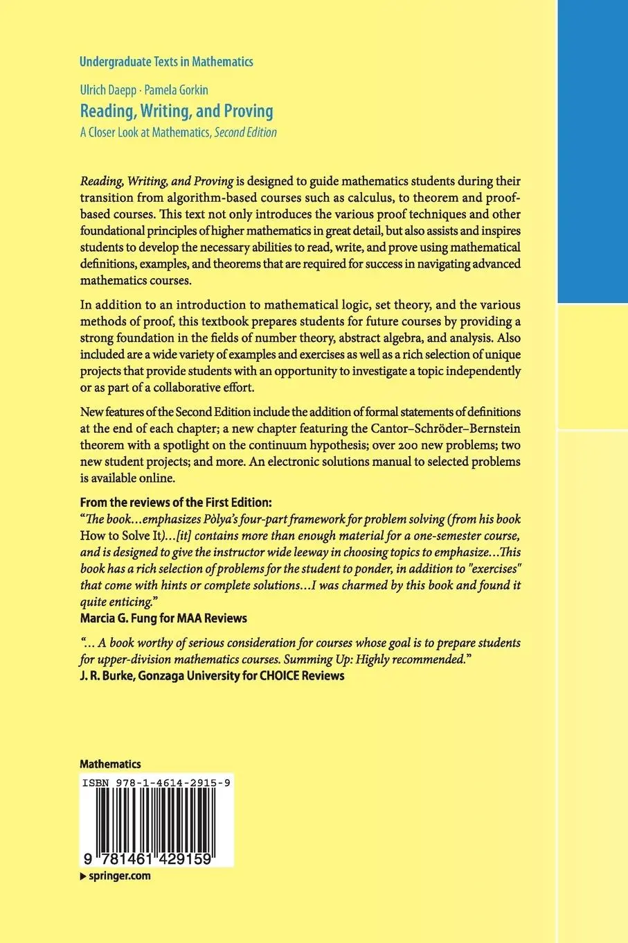 Rückseite: 9781461429159 | Reading, Writing, and Proving | A Closer Look at Mathematics | Buch