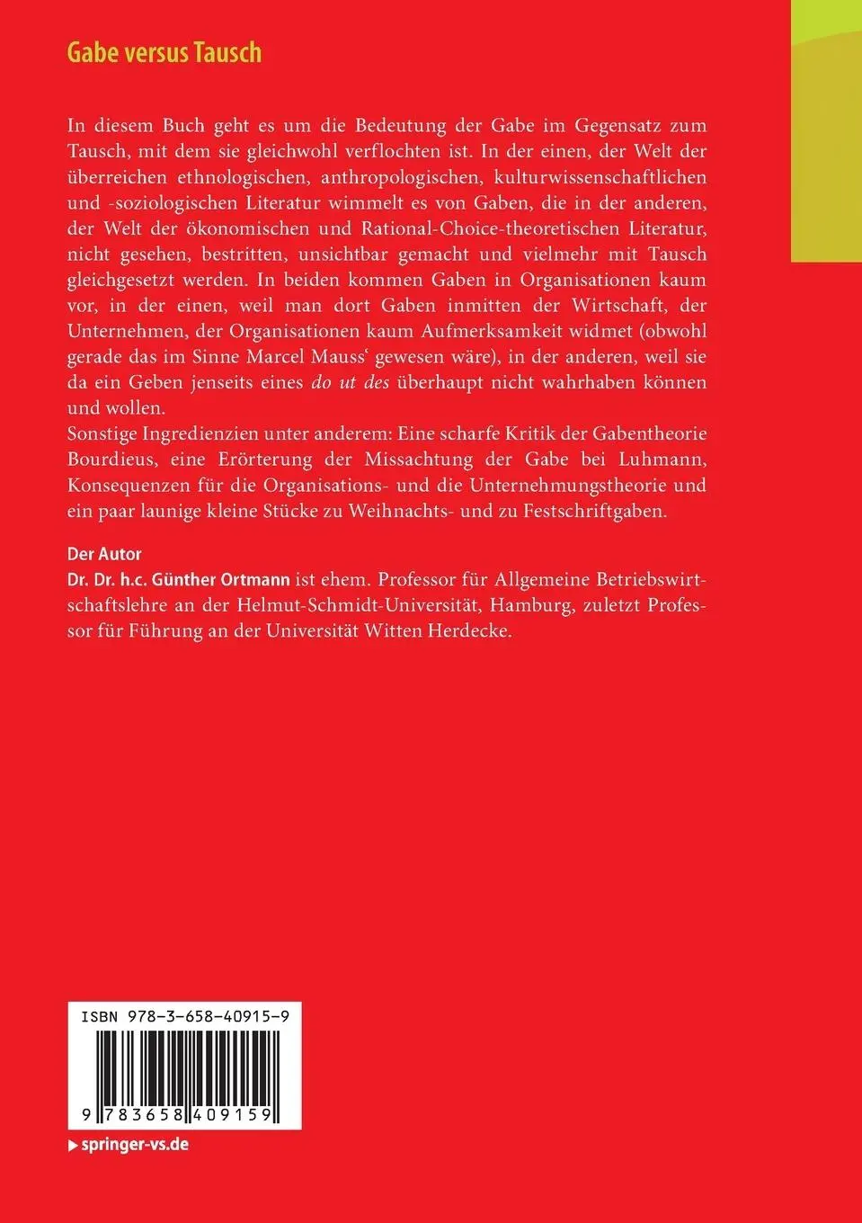 Rückseite: 9783658409159 | Gabe versus Tausch | Reziprozität in Organisationen | Günther Ortmann