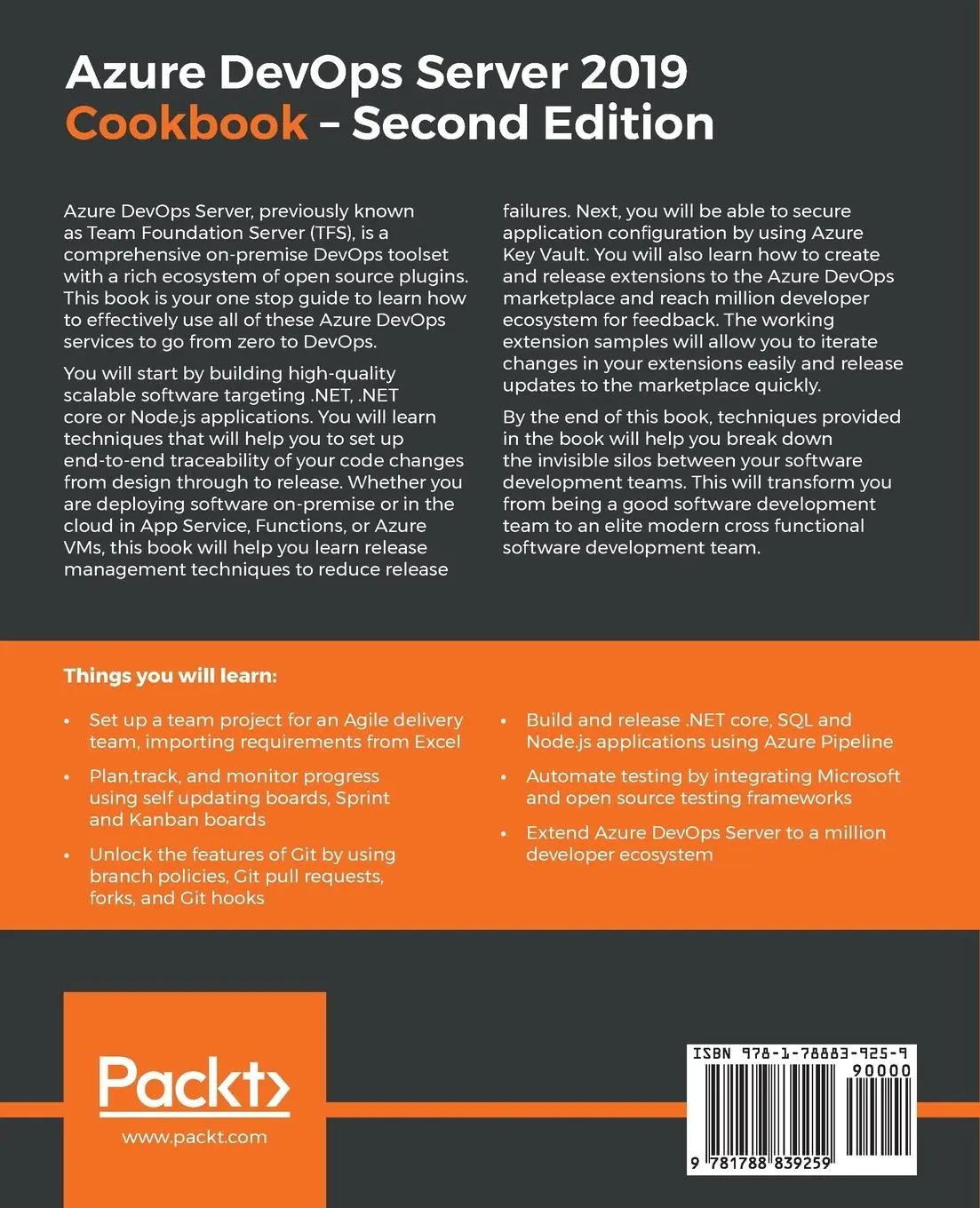 Rückseite: 9781788839259 | Azure DevOps Server 2019 Cookbook | Tarun Arora (u. a.) | Taschenbuch