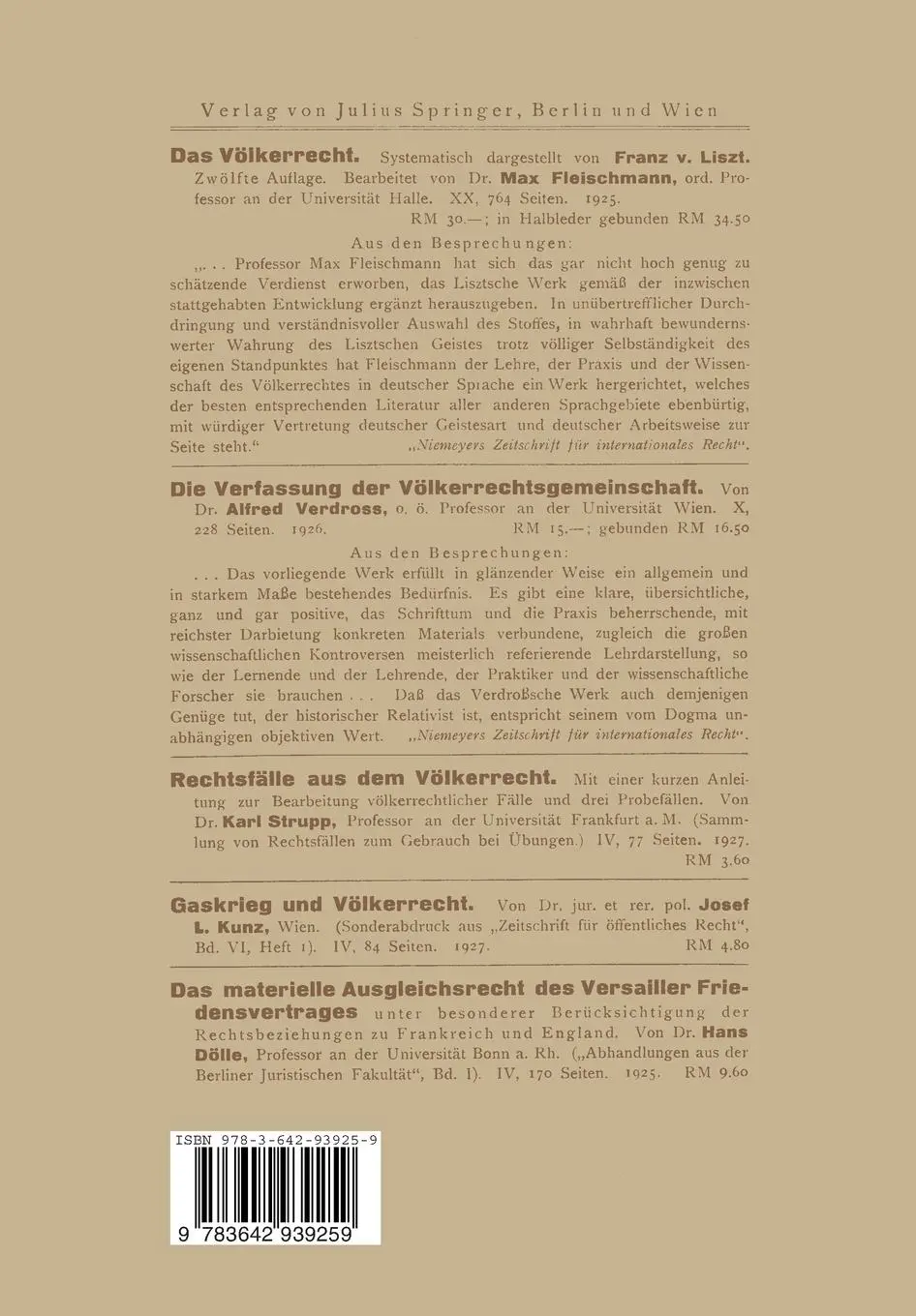 Rückseite: 9783642939259 | Die Meistbegünstigung im Modernen Völkerrecht | Na Bonhoeffer | Buch