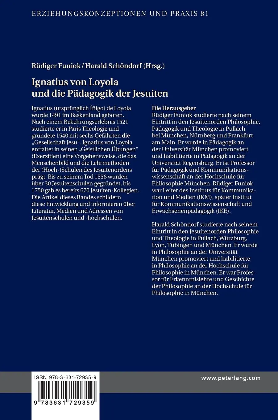 Rückseite: 9783631729359 | Ignatius von Loyola und die Pädagogik der Jesuiten | Sj (u. a.) | Buch