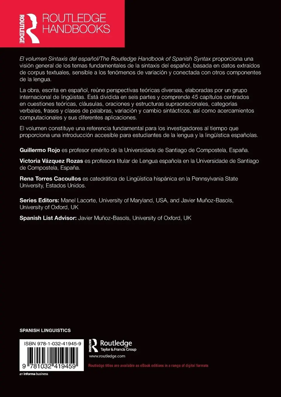 Rückseite: 9781032419459 | Sintaxis del español / The Routledge Handbook of Spanish Syntax | Buch