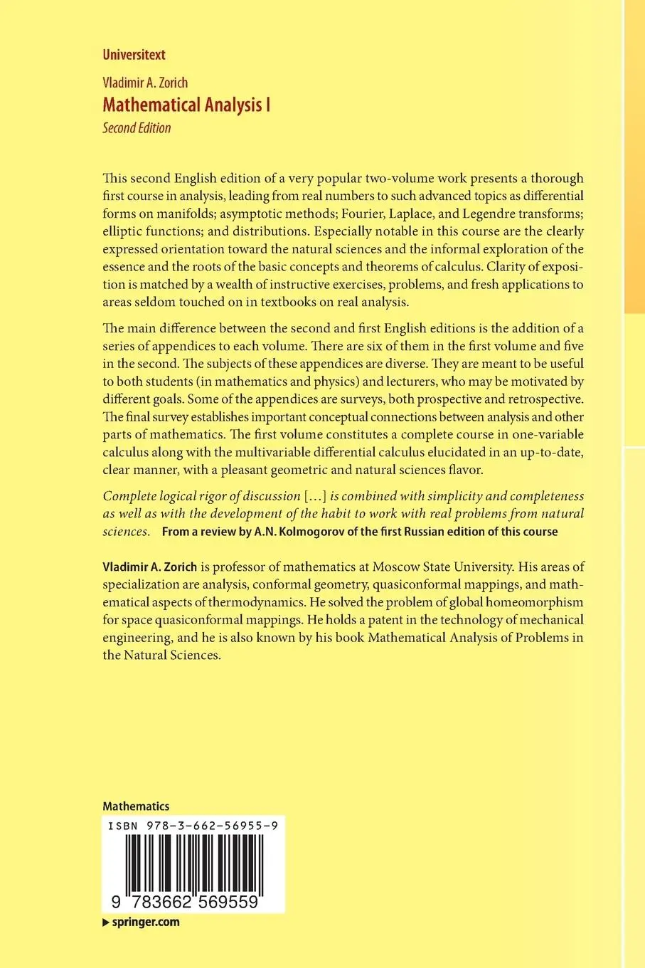 Rückseite: 9783662569559 | Mathematical Analysis I | V. A. Zorich | Taschenbuch | xx | Englisch