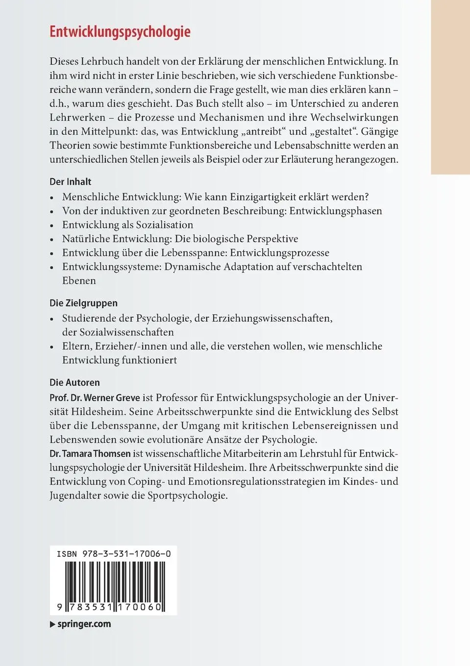 Rückseite: 9783531170060 | Entwicklungspsychologie | Tamara Thomsen (u. a.) | Taschenbuch | viii