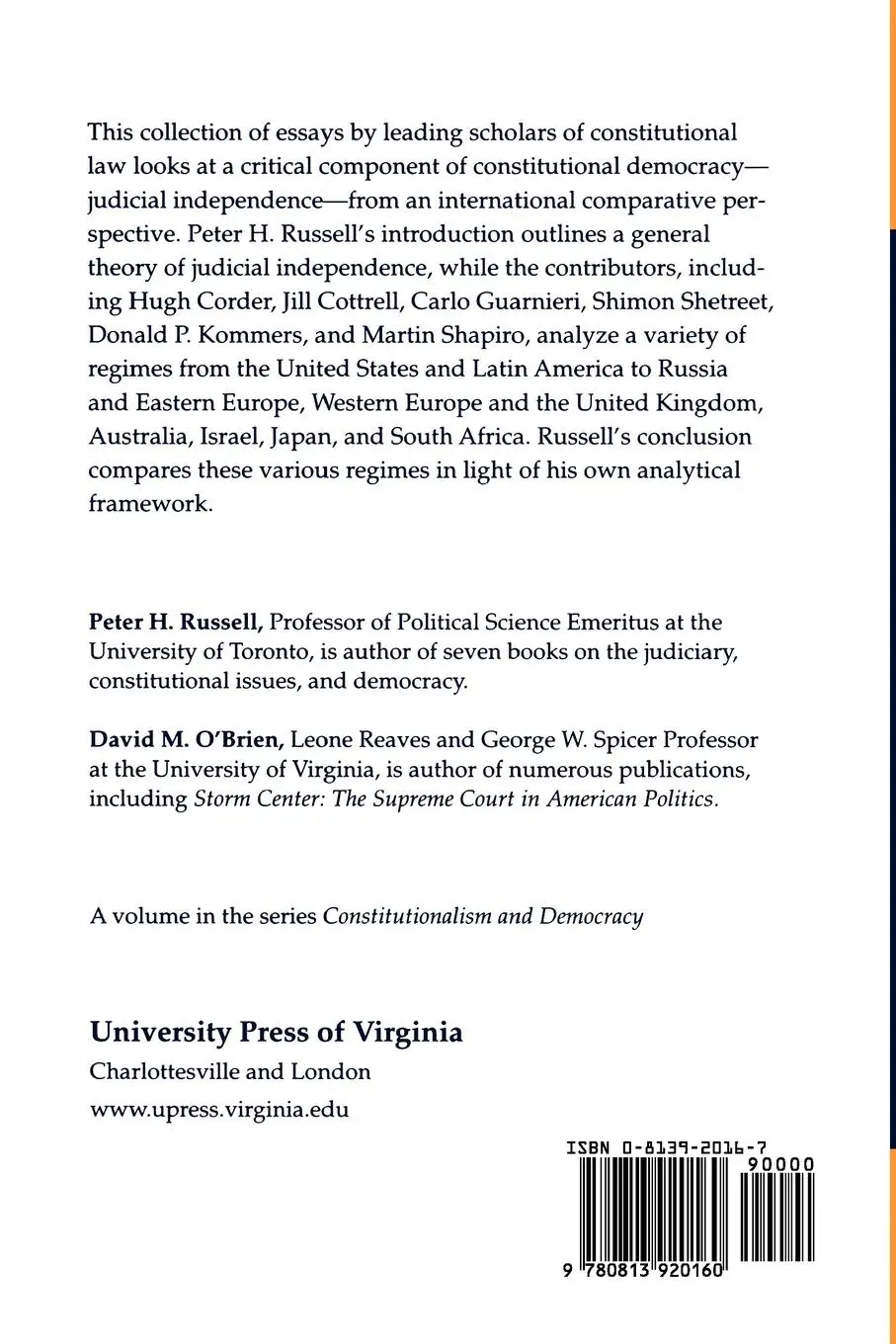 Rückseite: 9780813920160 | Judicial Independence in the Age of Democracy | Russell (u. a.) | Buch