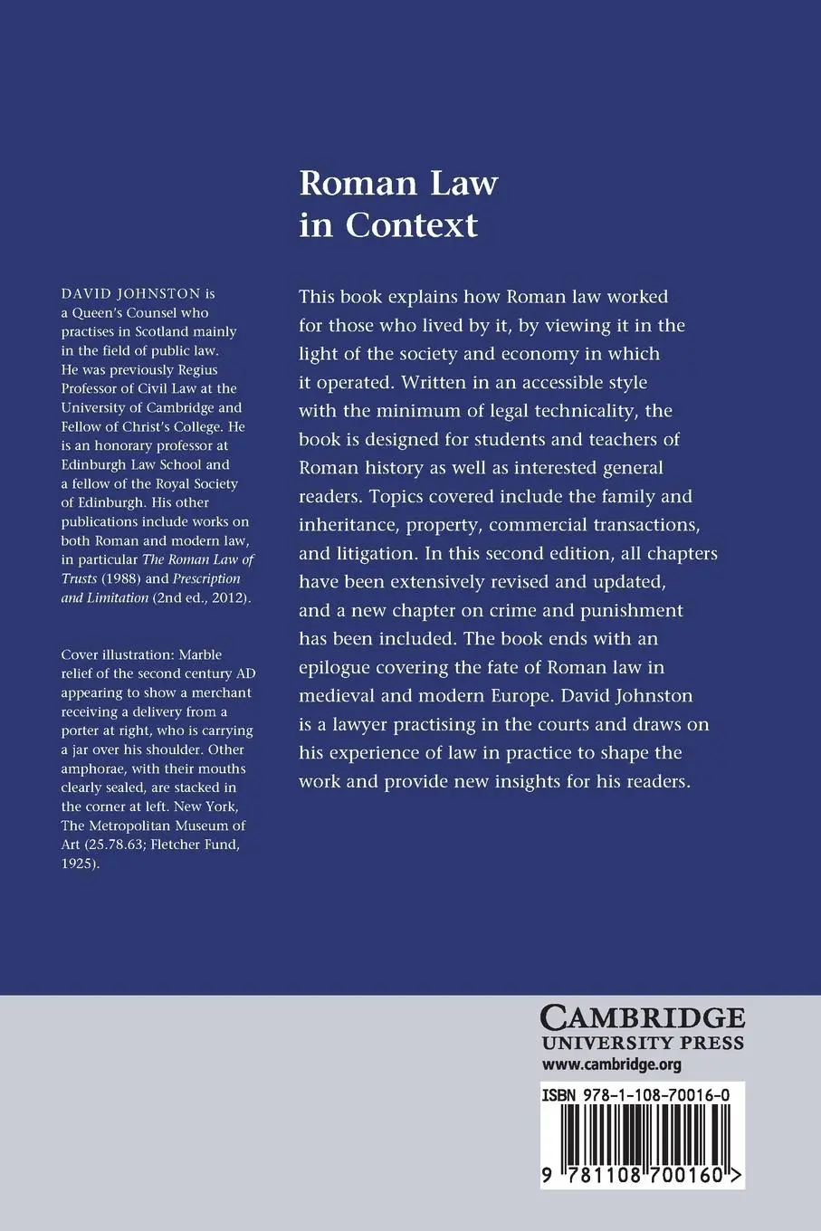 Rückseite: 9781108700160 | Roman Law in Context | David Johnston | Taschenbuch | Englisch | 2022