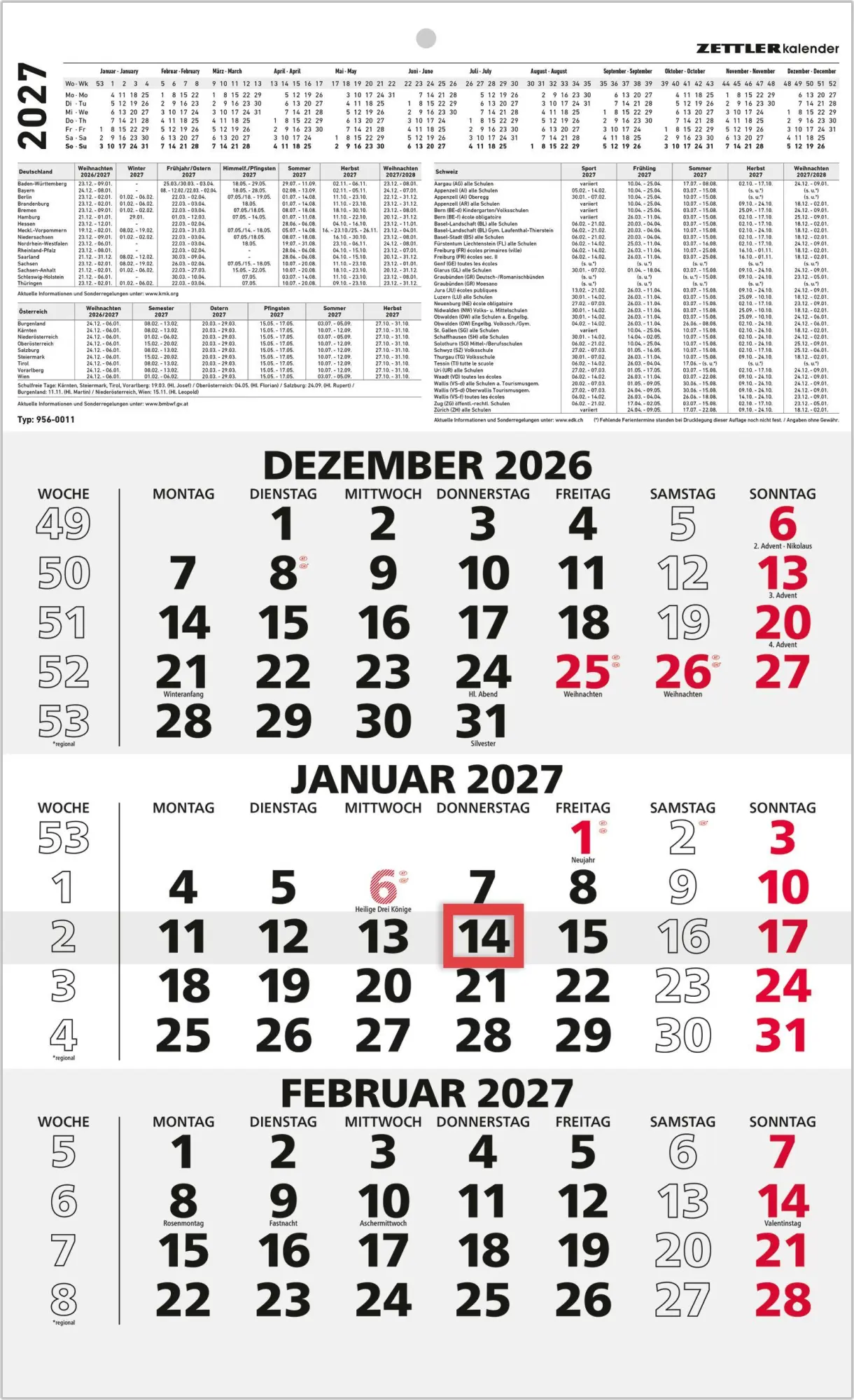 Cover: 4069095010260 | 3-Monatskalender schwarz/rot 2027 | Neumann Verlage GmbH &amp; Co KG