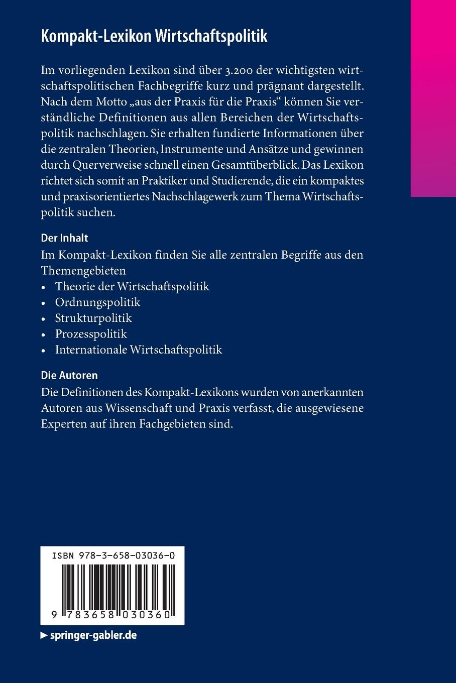 Rückseite: 9783658030360 | Kompakt-Lexikon Wirtschaftspolitik | Springer Fachmedien Wiesbaden | x