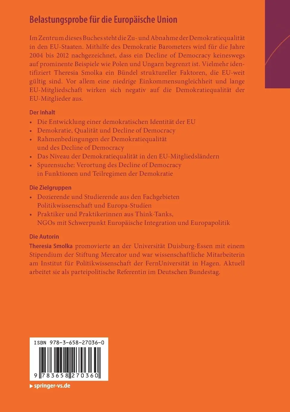 Rückseite: 9783658270360 | Belastungsprobe für die Europäische Union | Theresia Smolka | Buch