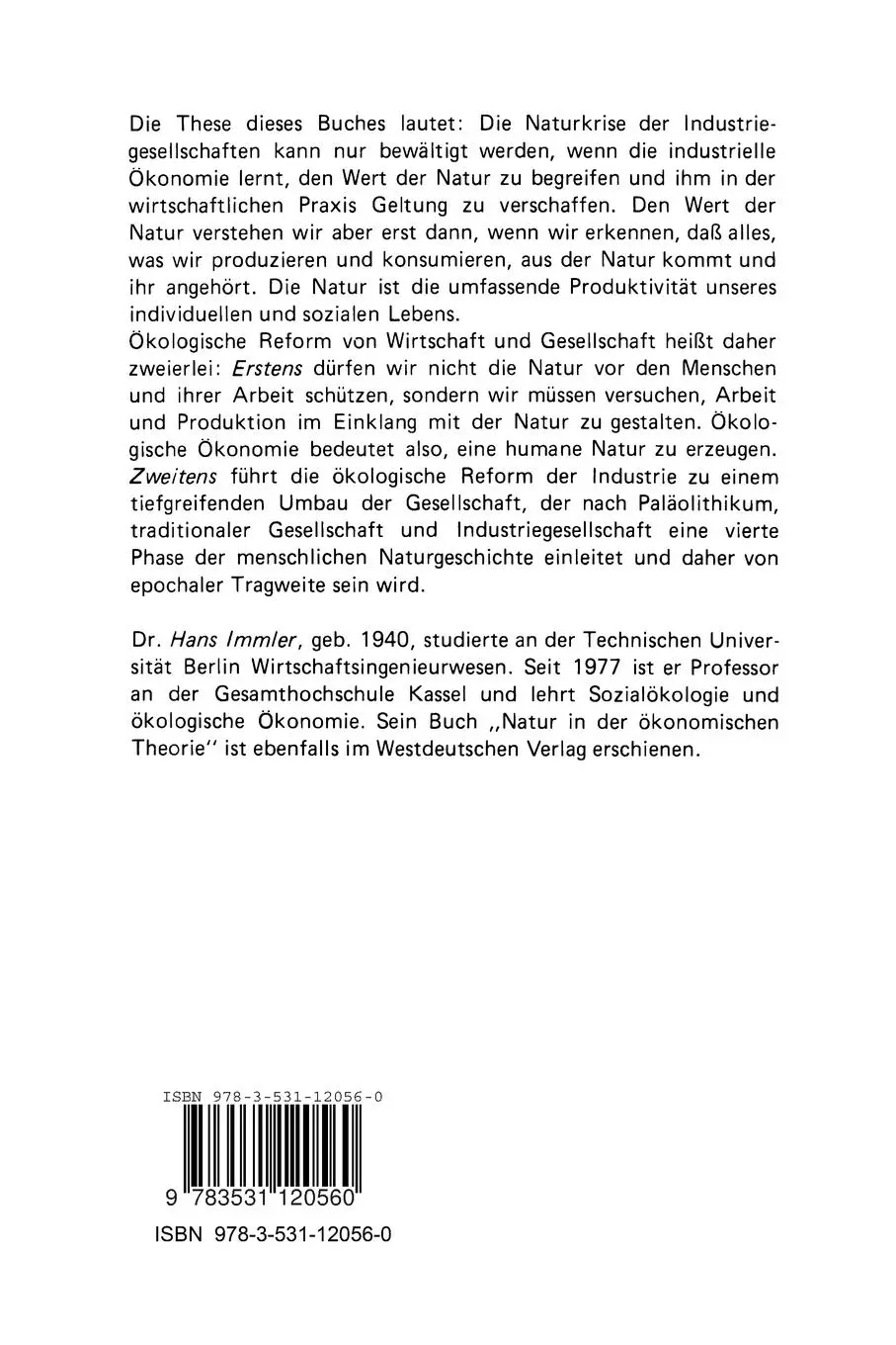 Rückseite: 9783531120560 | Vom Wert der Natur | Hans Immler | Taschenbuch | 346 S. | Deutsch