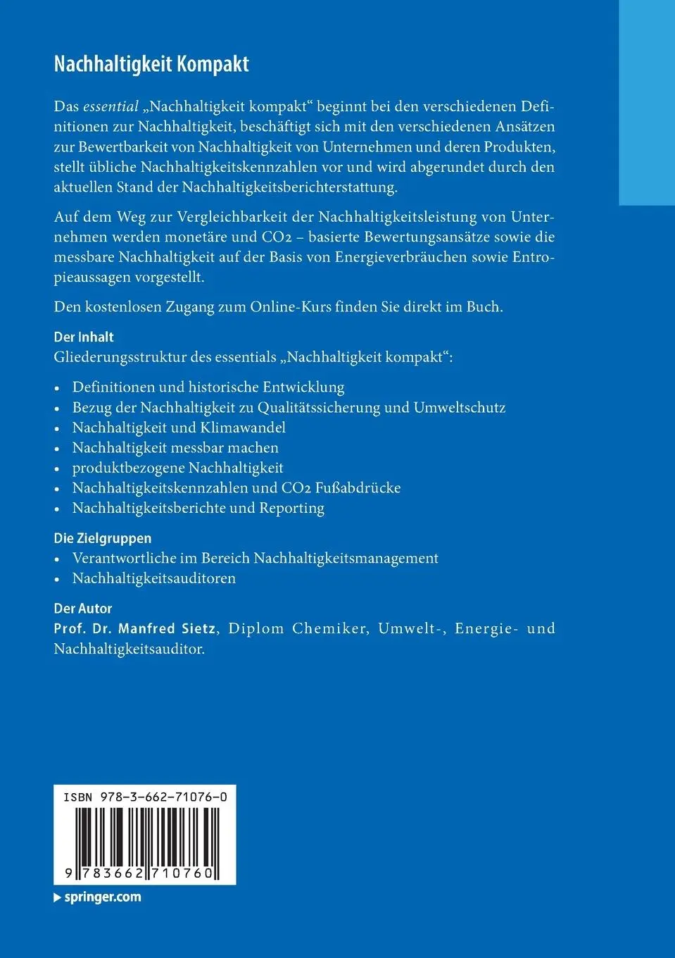 Rückseite: 9783662710760 | Nachhaltigkeit Kompakt | Kurzguide plus Online-Kurs | Manfred Sietz
