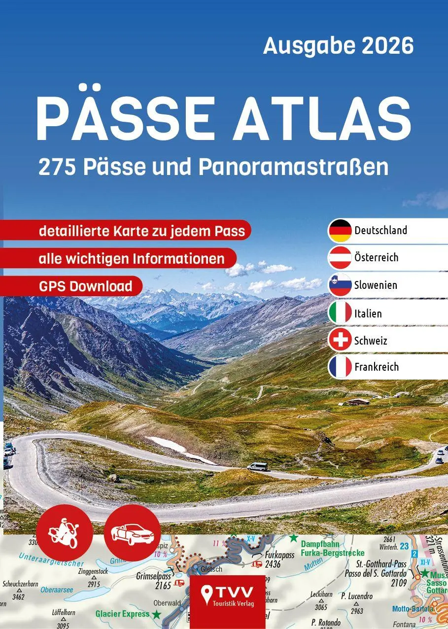 Cover: 9783965990760 | PÄSSE ATLAS 2026 | 275 Pässe und Panoramastraßen | GmbH (u. a.) | Buch