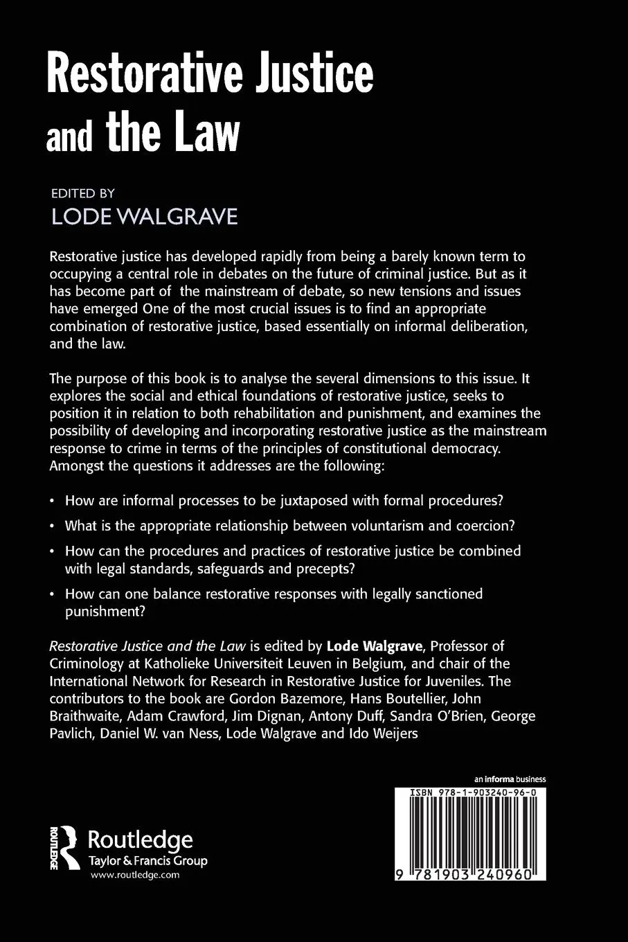 Rückseite: 9781903240960 | Restorative Justice and the Law | Lode Walgrave | Taschenbuch | 2002