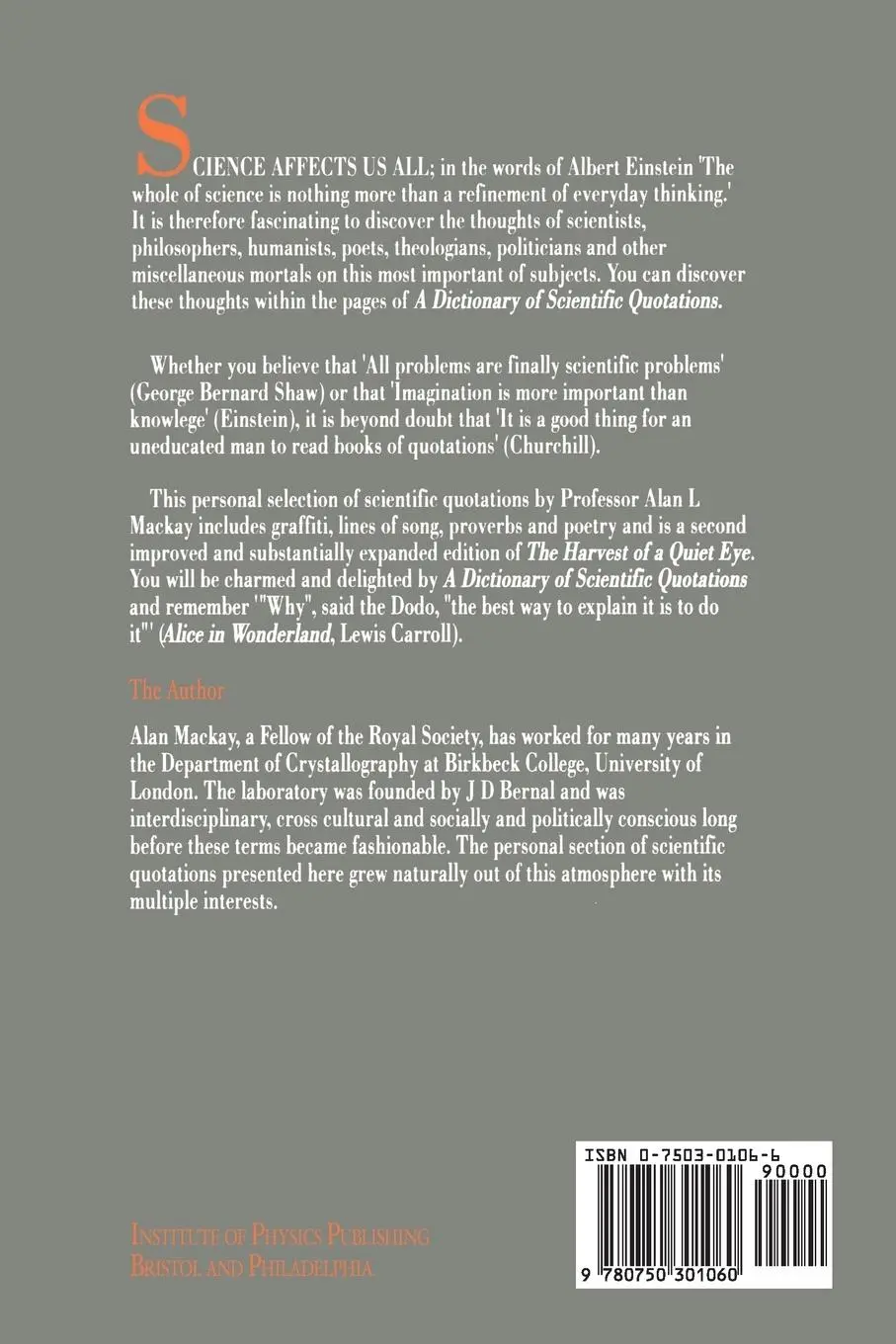 Rückseite: 9780750301060 | A Dictionary of Scientific Quotations | Alan L. Mackay | Taschenbuch