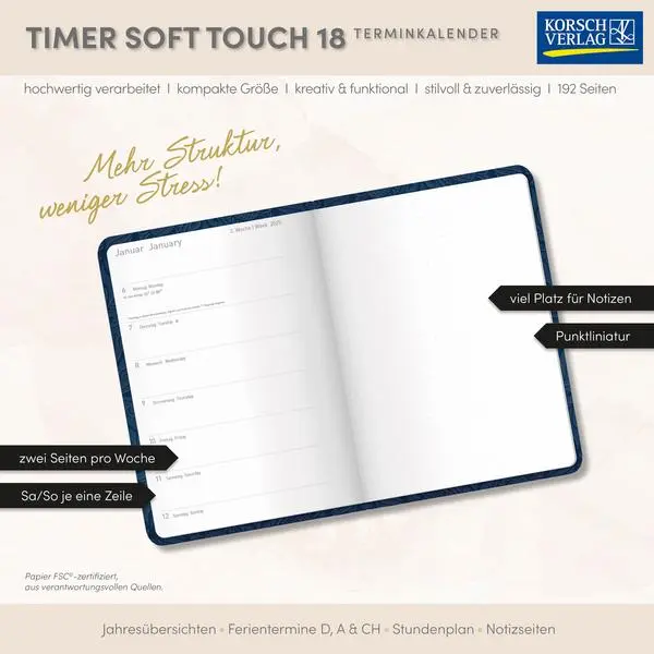 Bild: 9783731891260 | Timer Soft Touch 18 Monate dunkelblau 2026/2027 | Verlag Korsch | 2027