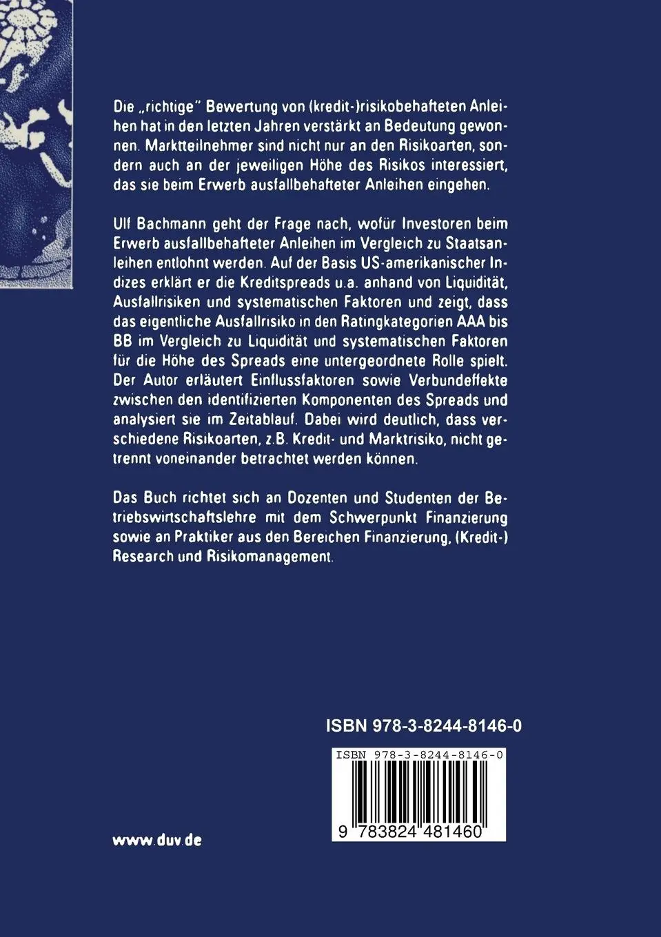 Rückseite: 9783824481460 | Die Komponenten des Kreditspreads | Ulf Bachmann | Taschenbuch | xxii
