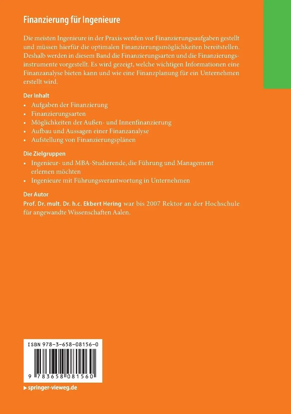 Rückseite: 9783658081560 | Finanzierung für Ingenieure | Ekbert Hering | Taschenbuch | Deutsch