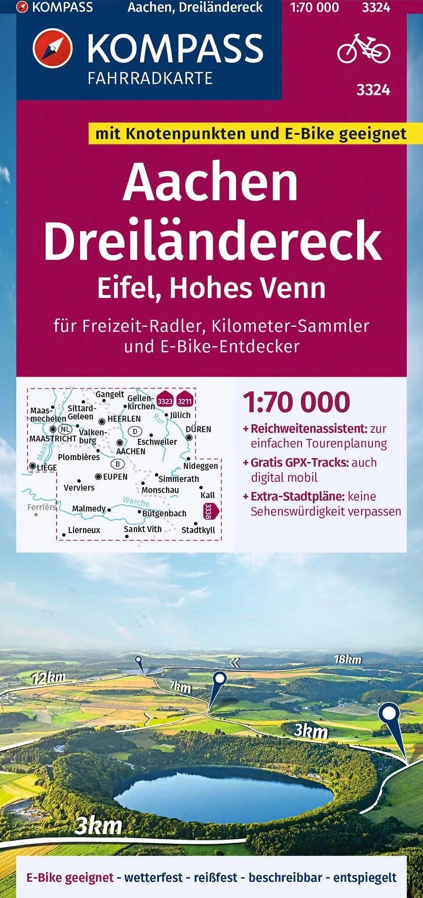 Cover: 9783991541660 | KOMPASS Fahrradkarte 3324 Aachen, Dreiländereck, Eifel, Hohes Venn...