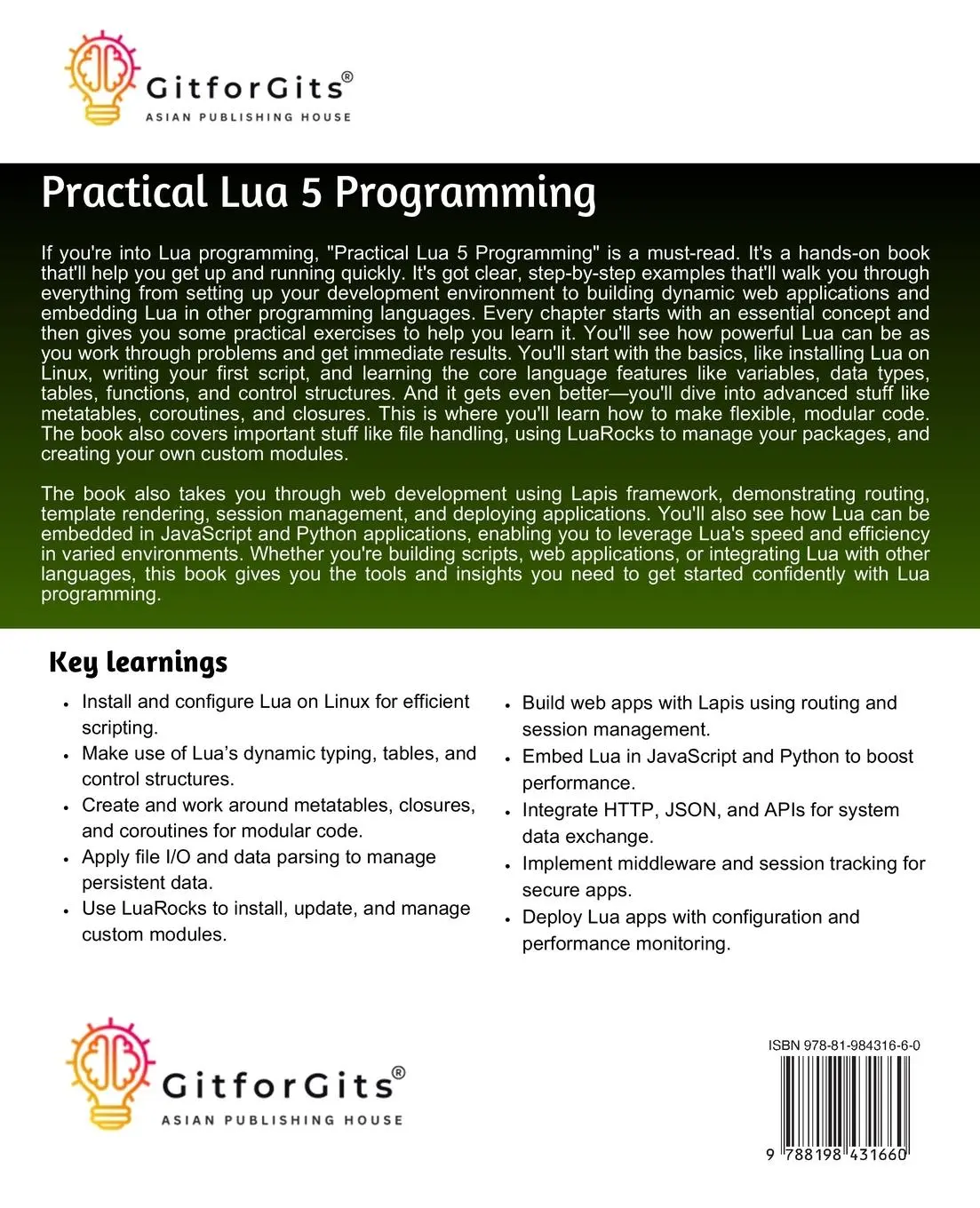 Rückseite: 9788198431660 | Practical Lua 5 Programming | Brynna Kevar | Taschenbuch | Englisch