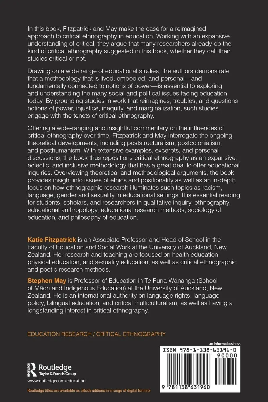Rückseite: 9781138631960 | Critical Ethnography and Education | Theory, Methodology, and Ethics