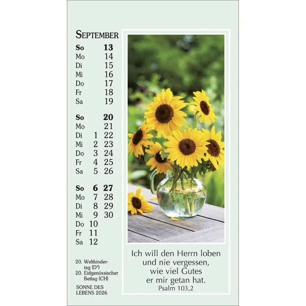 Bild: 9783754892060 | Sonne des Lebens 2026 | Mini-Kalender mit Bibelworten und Farbfotos